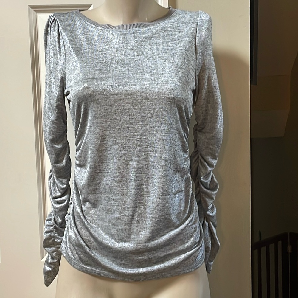 White House Black Market Liquid Silver Ruched sides/sleeves top, small
